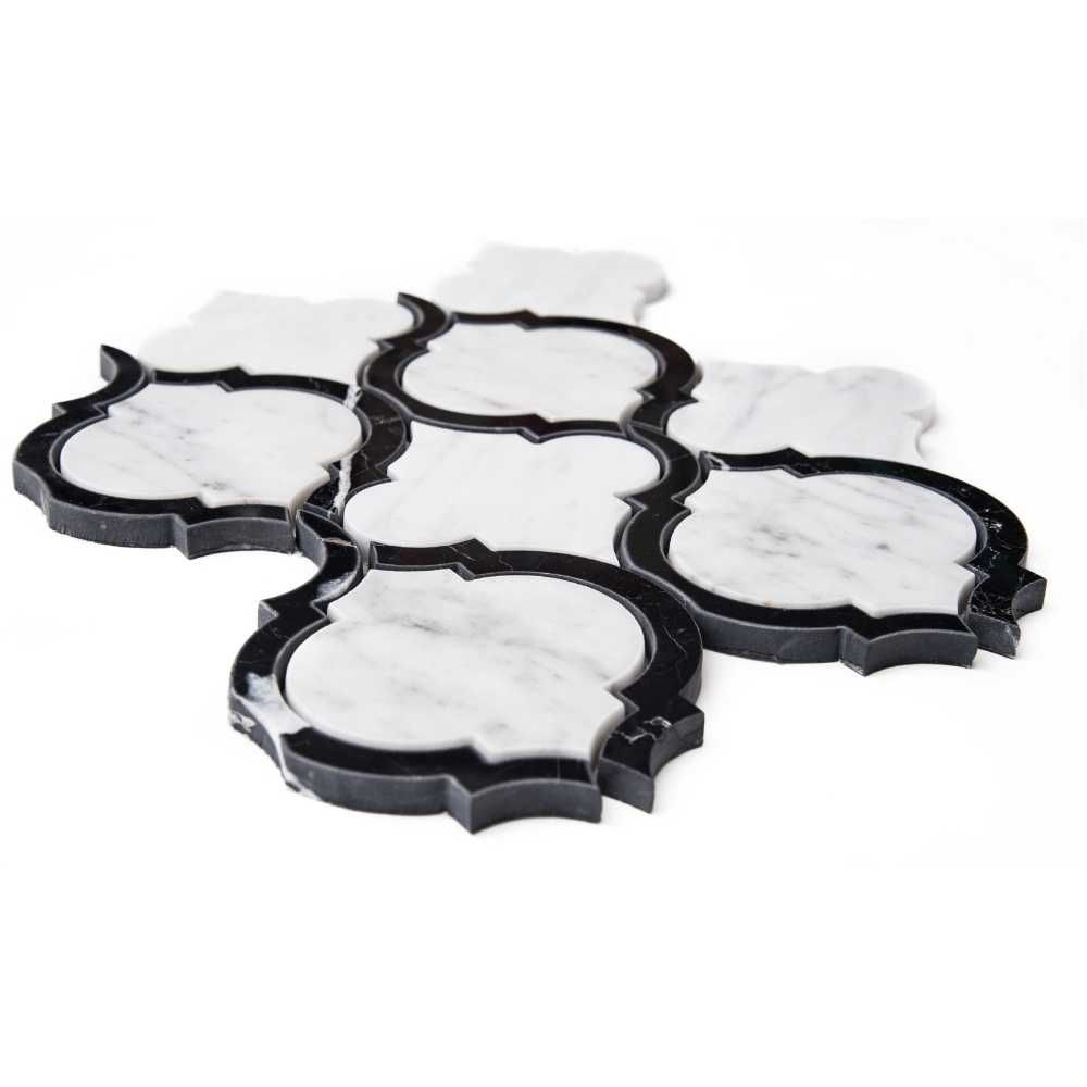 Large Arabesque 12"x12" Black & White Marble Polished Mosaic