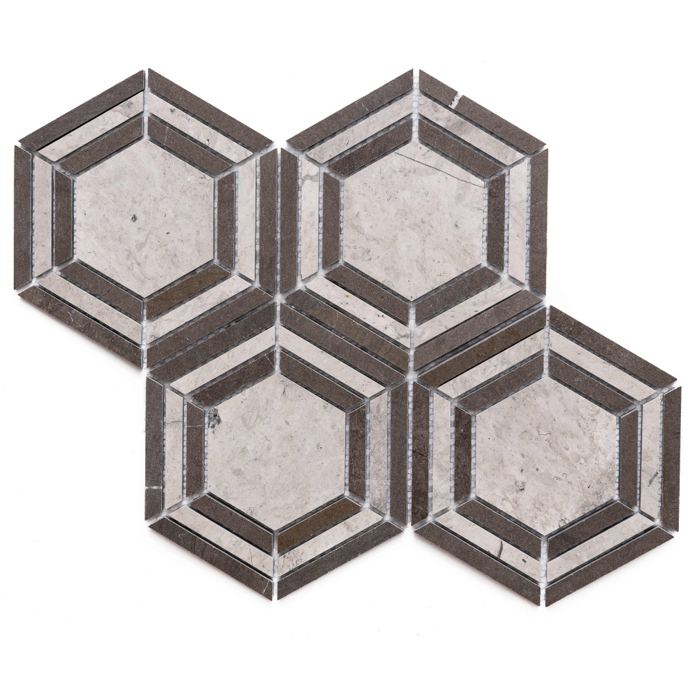 Large Hex 6"x6" Thala Grey And Foussana Marble Polished Mosaic